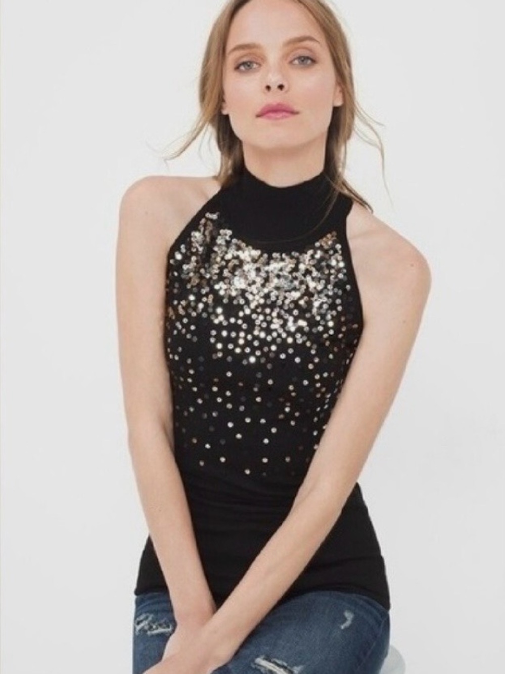 White House Black Market Black Ribbed Mock Neck Top with Subtle Sparkle